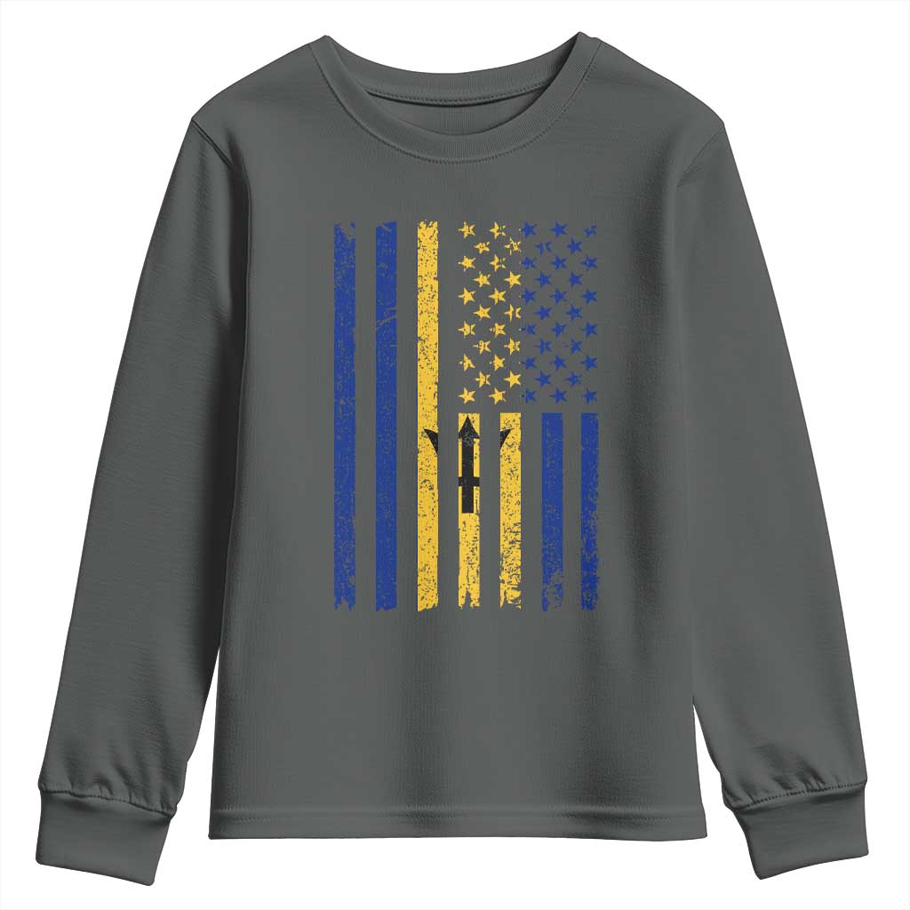 Barbados American Flag Youth Sweatshirt Distressed Barbadian Pride Patriotic Heritage Gift TS10 Dark Heather Print Your Wear
