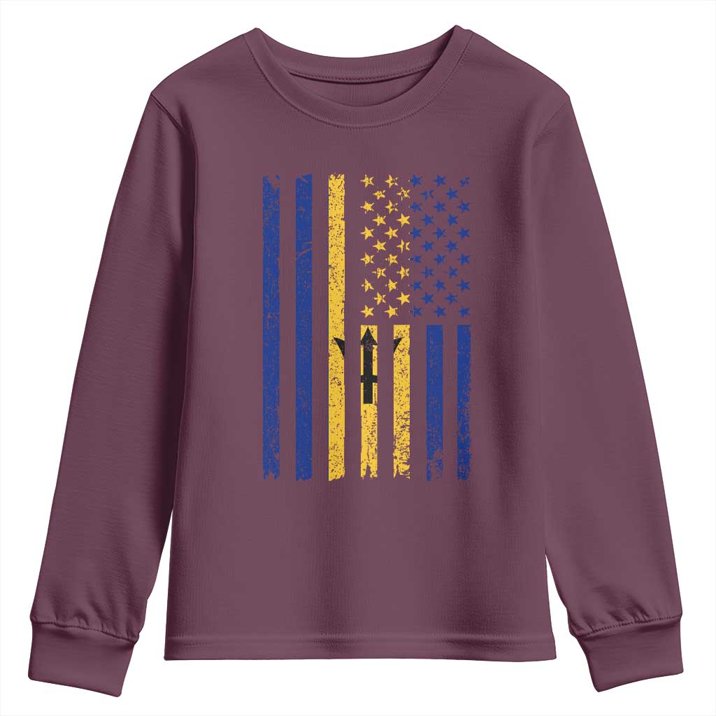 Barbados American Flag Youth Sweatshirt Distressed Barbadian Pride Patriotic Heritage Gift TS10 Maroon Print Your Wear
