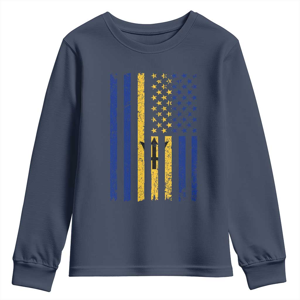 Barbados American Flag Youth Sweatshirt Distressed Barbadian Pride Patriotic Heritage Gift TS10 Navy Print Your Wear
