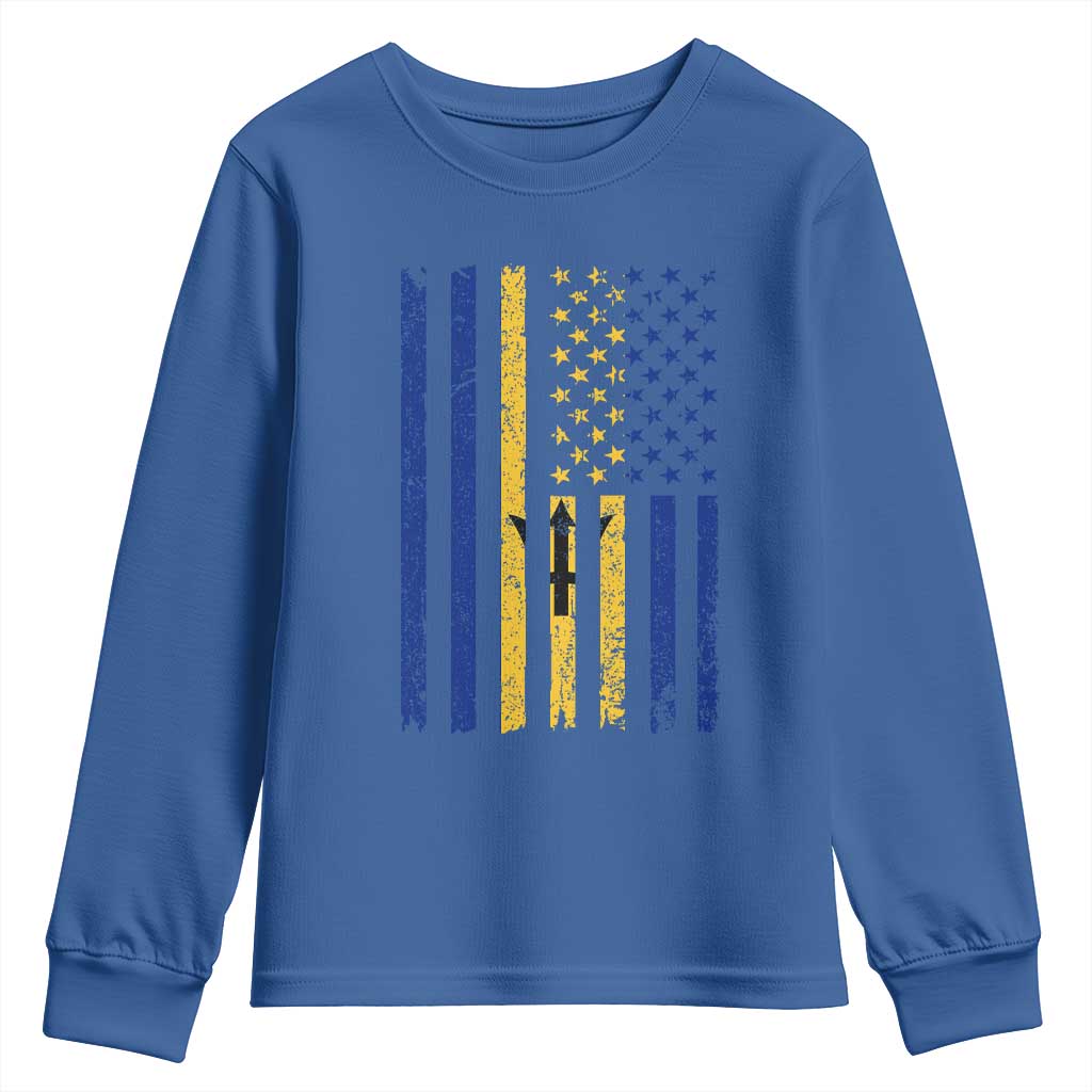 Barbados American Flag Youth Sweatshirt Distressed Barbadian Pride Patriotic Heritage Gift TS10 Royal Blue Print Your Wear