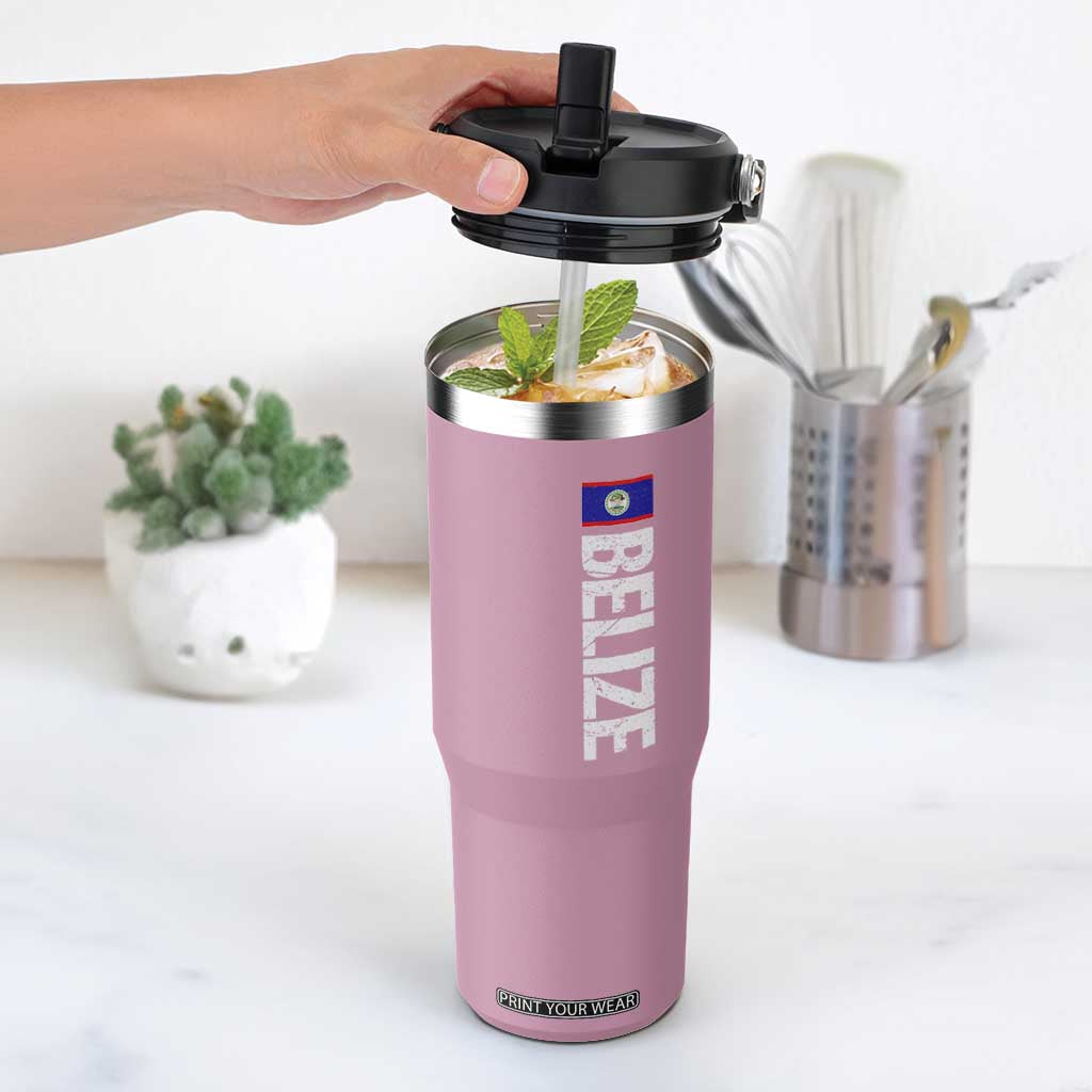 Belize Flag Flip Straw Tumbler Distressed Central American Pride Heritage Gift TS10 One Size: 30 oz Light Pink Print Your Wear