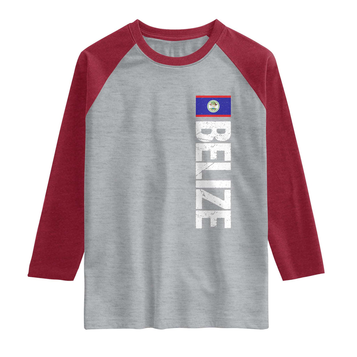Belize Flag Raglan Shirt Distressed Central American Pride Heritage Gift TS10 Heather Gray Heather Red Print Your Wear