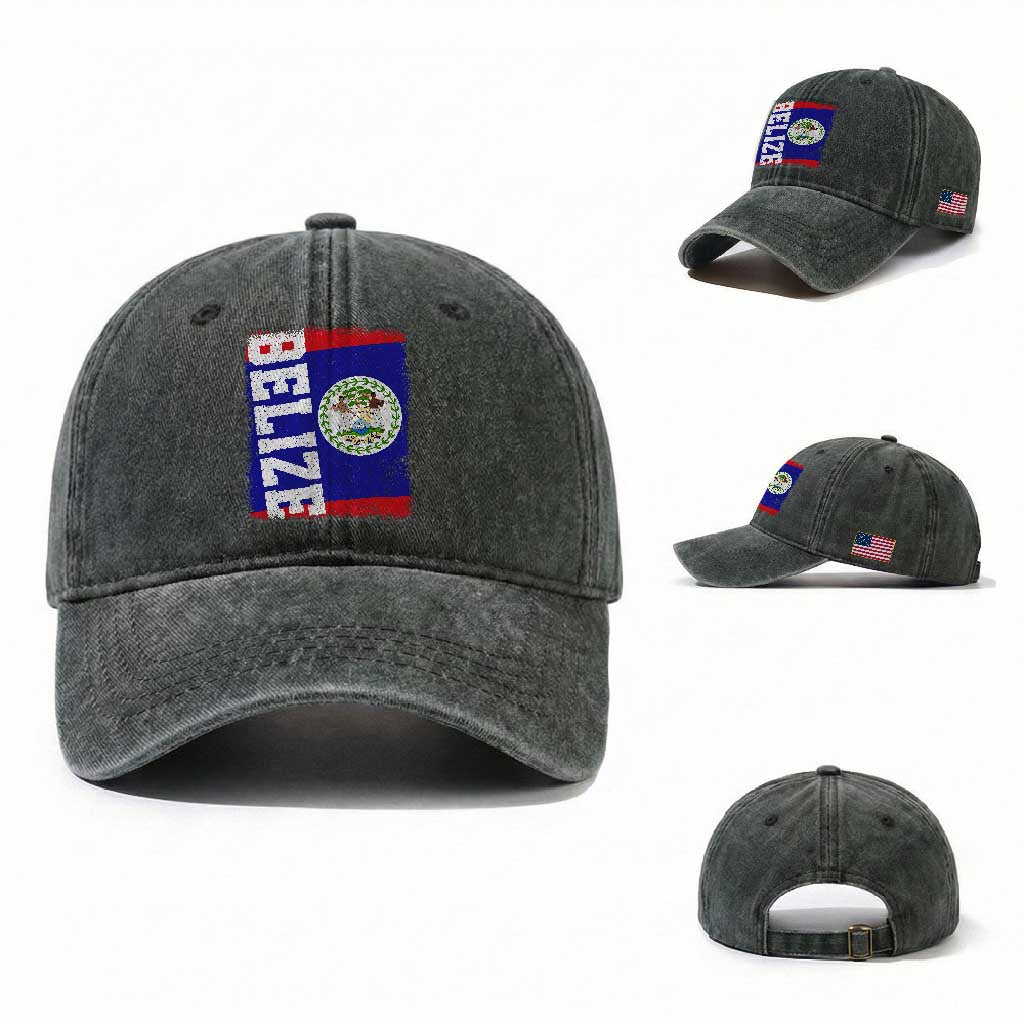 Vintage Belize Washed Cotton Baseball Cap Distressed Flag Central American Pride Heritage Gift TS10 Washed Cap Universal Fit Dark Green Print Your Wear