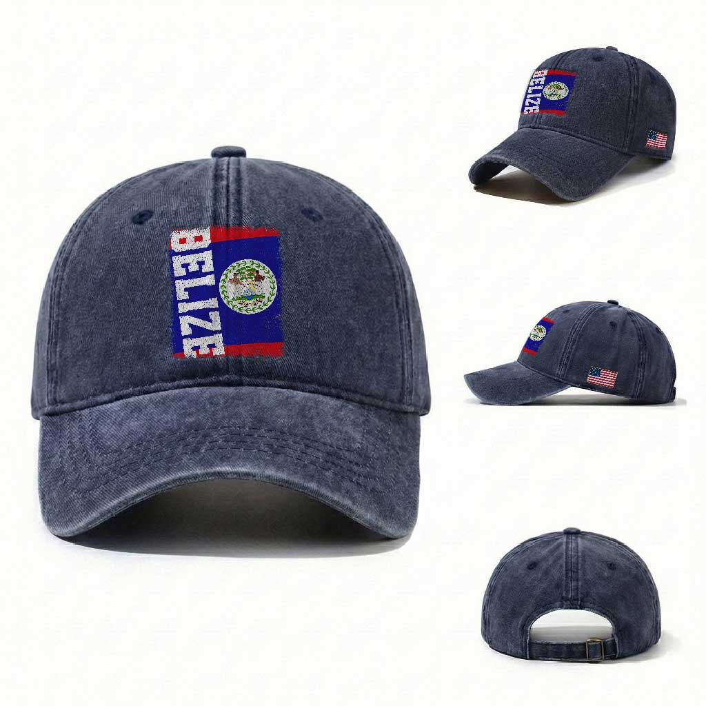 Vintage Belize Washed Cotton Baseball Cap Distressed Flag Central American Pride Heritage Gift TS10 Washed Cap Universal Fit Navy Print Your Wear