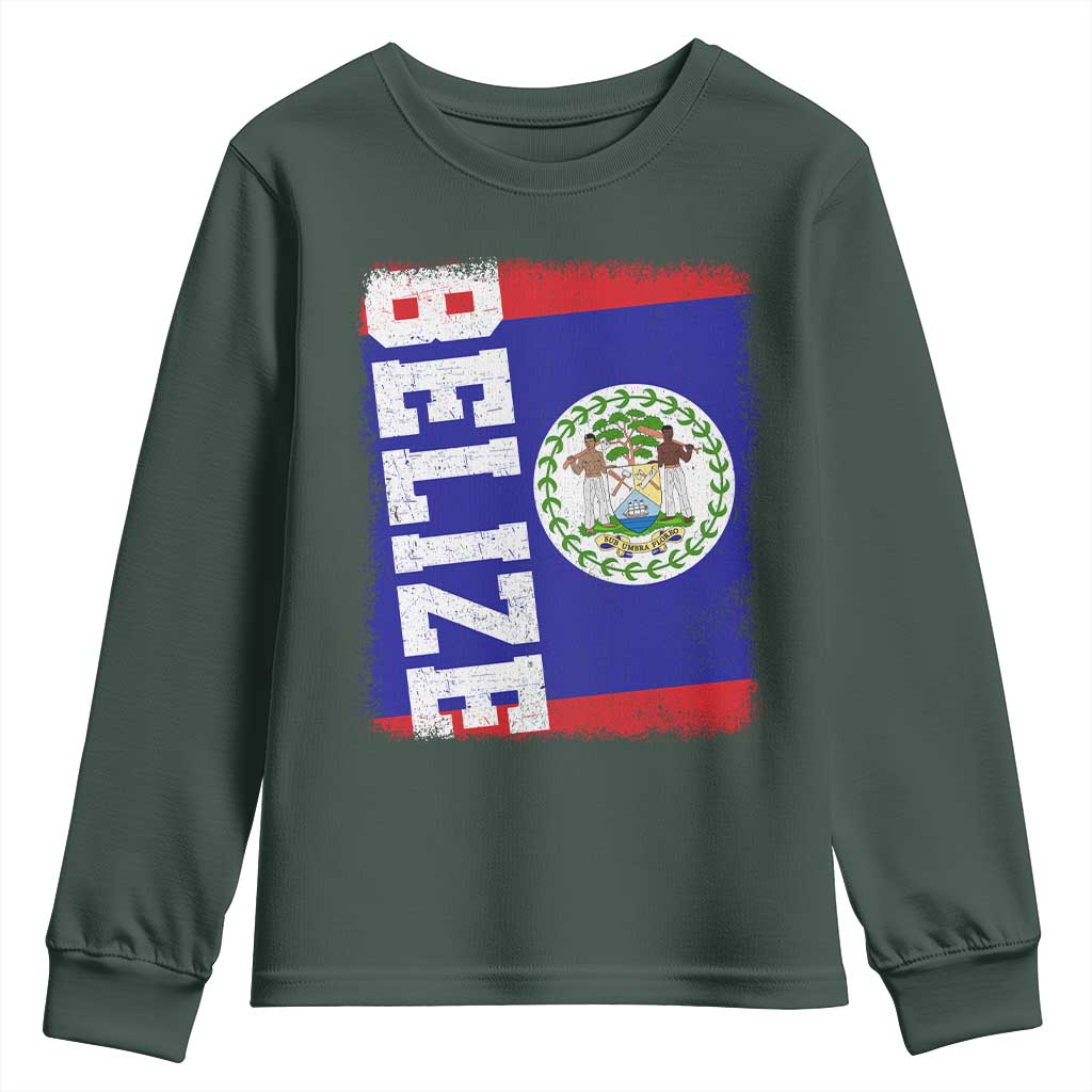 Vintage Belize Youth Sweatshirt Distressed Flag Central American Pride Heritage Gift TS10 Dark Forest Green Print Your Wear