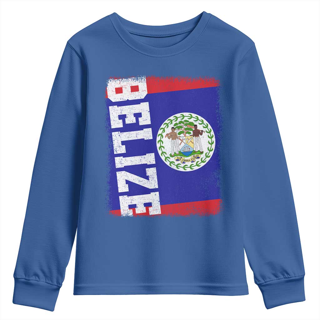 Vintage Belize Youth Sweatshirt Distressed Flag Central American Pride Heritage Gift TS10 Royal Blue Print Your Wear
