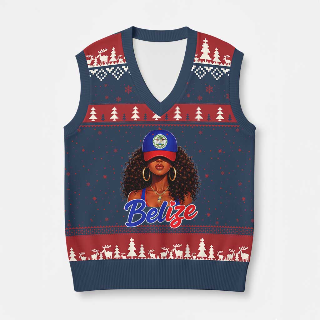 Belize Princess V-Neck Knit Sweater Vest Melanin Afro Girl Belize Flag Heritage Gift for Black Girls TS10 Navy Red Print Your Wear