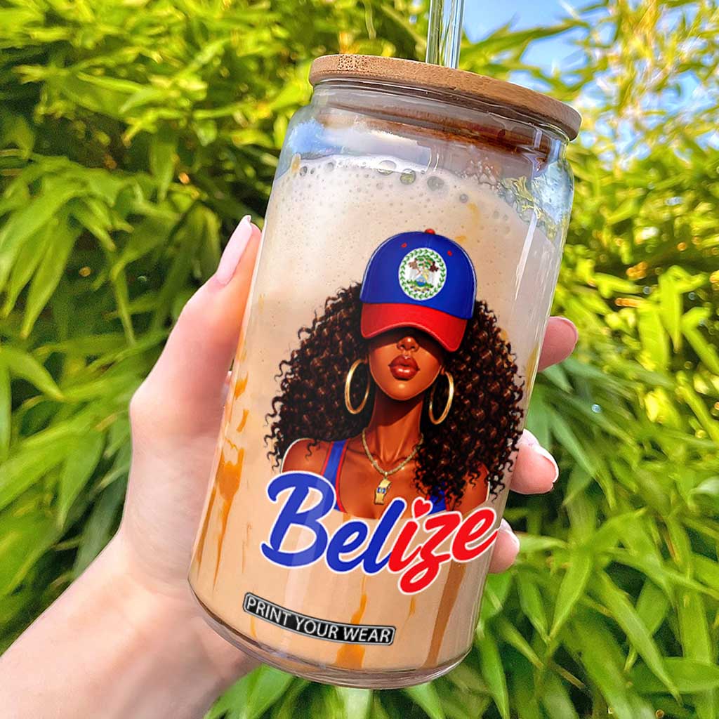 Belize Princess Glass Can Melanin Afro Girl Belize Flag Heritage Gift for Black Girls TS10 Black Print Your Wear