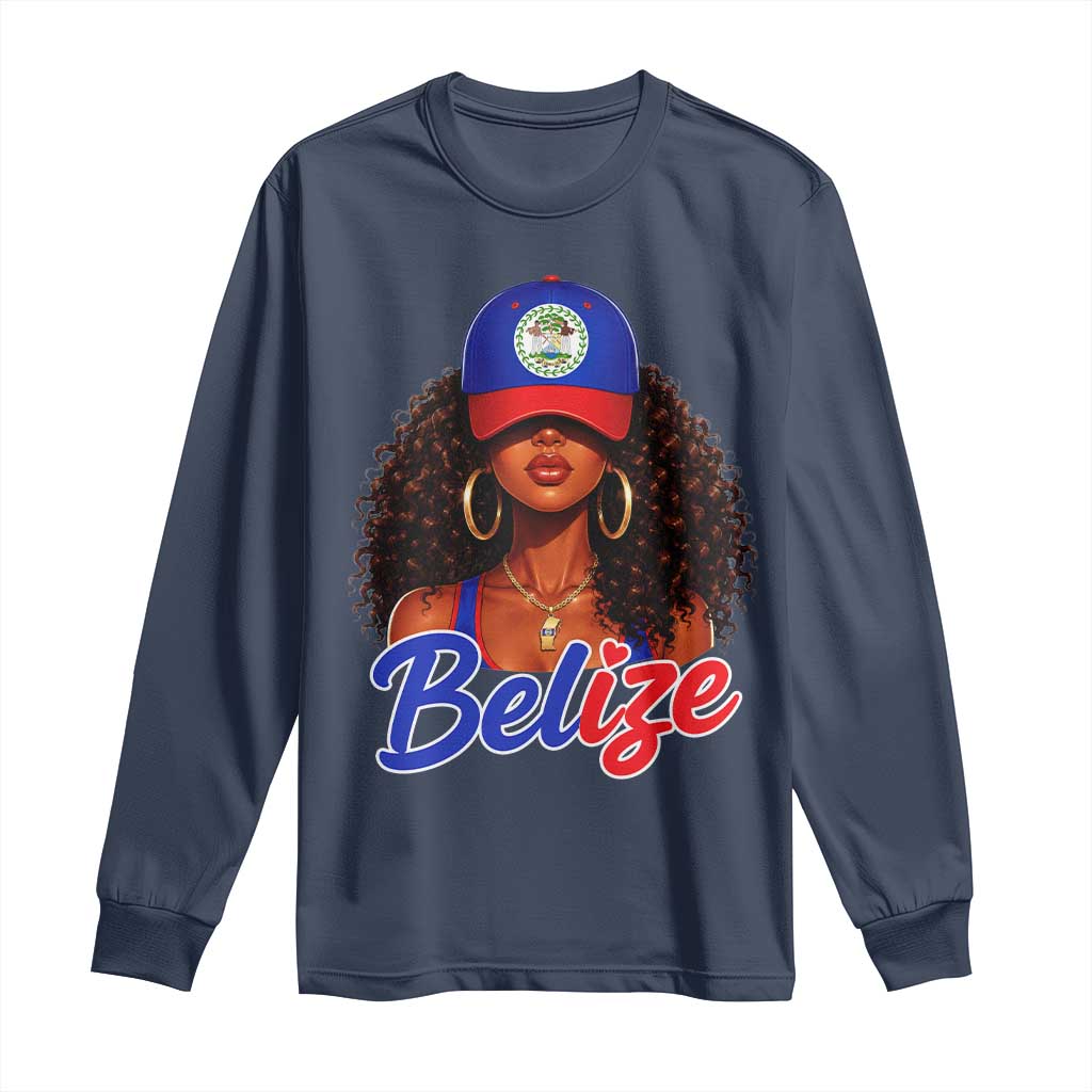 Belize Princess Long Sleeve Shirt Melanin Afro Girl Belize Flag Heritage Gift for Black Girls TS10 Navy Print Your Wear