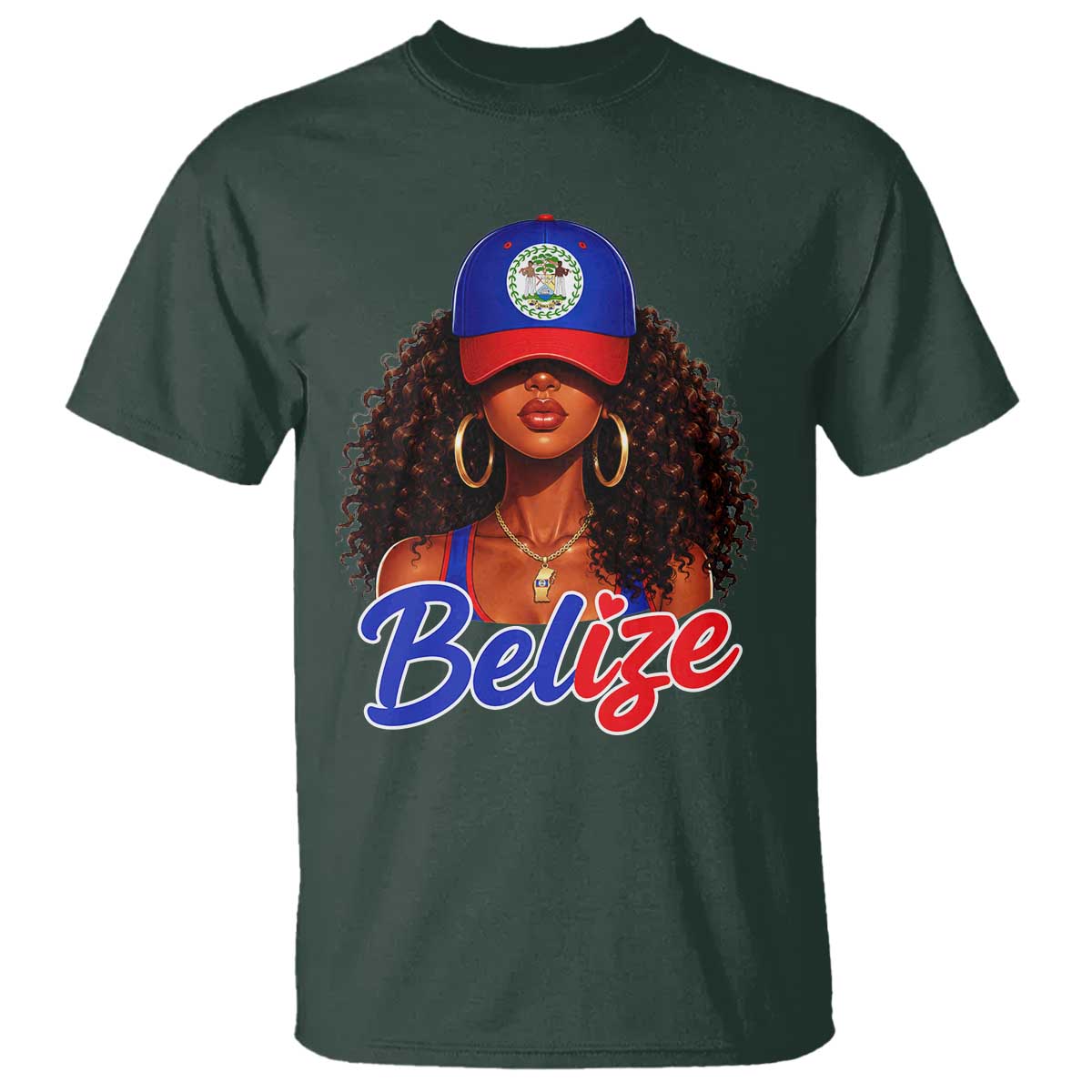 Belize Princess T Shirt Melanin Afro Girl Belize Flag Heritage Gift for Black Girls TS10 Dark Forest Green Print Your Wear
