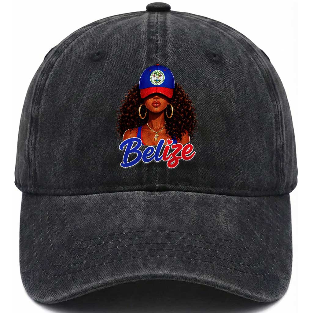 Belize Princess Washed Cotton Baseball Cap Melanin Afro Girl Belize Flag Heritage Gift for Black Girls TS10 Print Your Wear