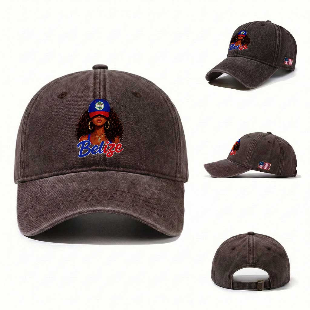 Belize Princess Washed Cotton Baseball Cap Melanin Afro Girl Belize Flag Heritage Gift for Black Girls TS10 Washed Cap Universal Fit Dark Brown Print Your Wear