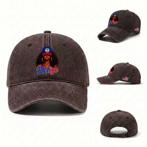 Belize Princess Washed Cotton Baseball Cap Melanin Afro Girl Belize Flag Heritage Gift for Black Girls TS10 Washed Cap Universal Fit Dark Brown Print Your Wear
