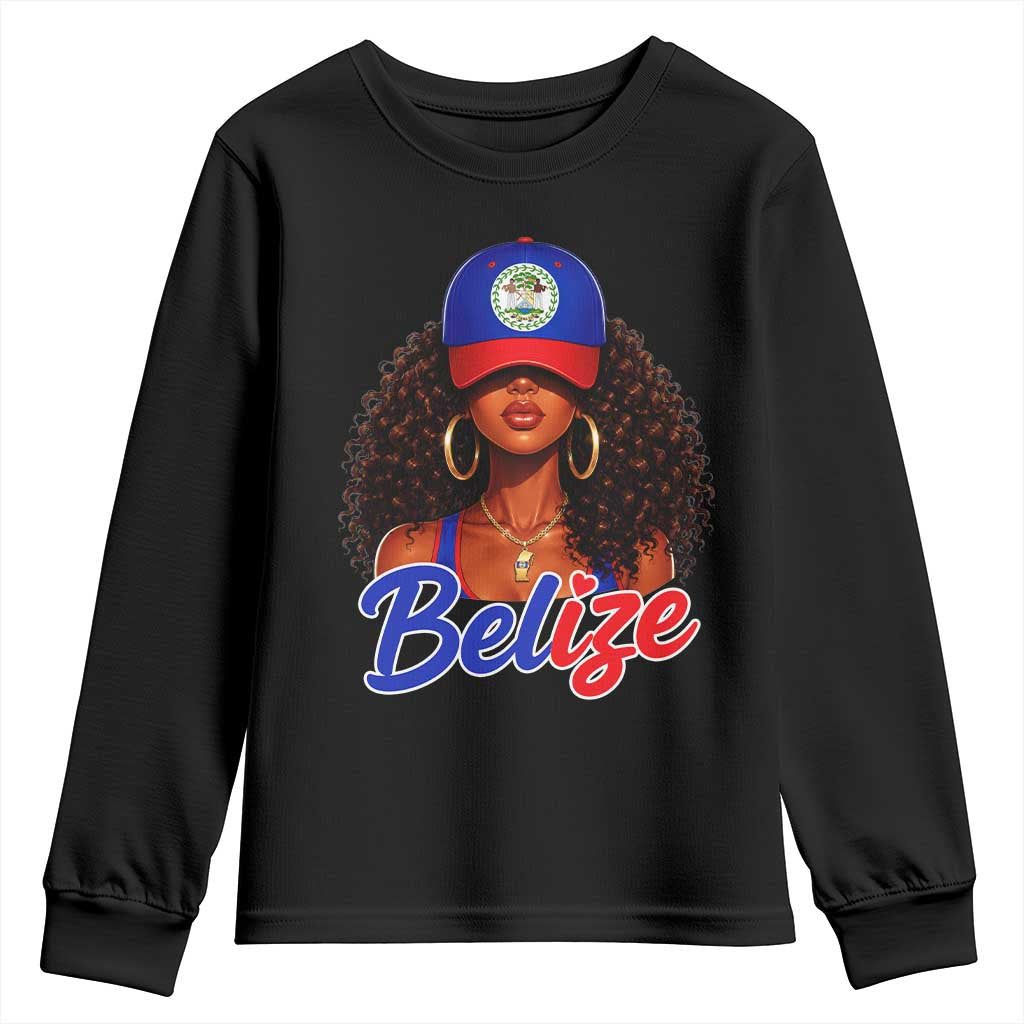 Belize Princess Youth Sweatshirt Melanin Afro Girl Belize Flag Heritage Gift for Black Girls TS10 Black Print Your Wear