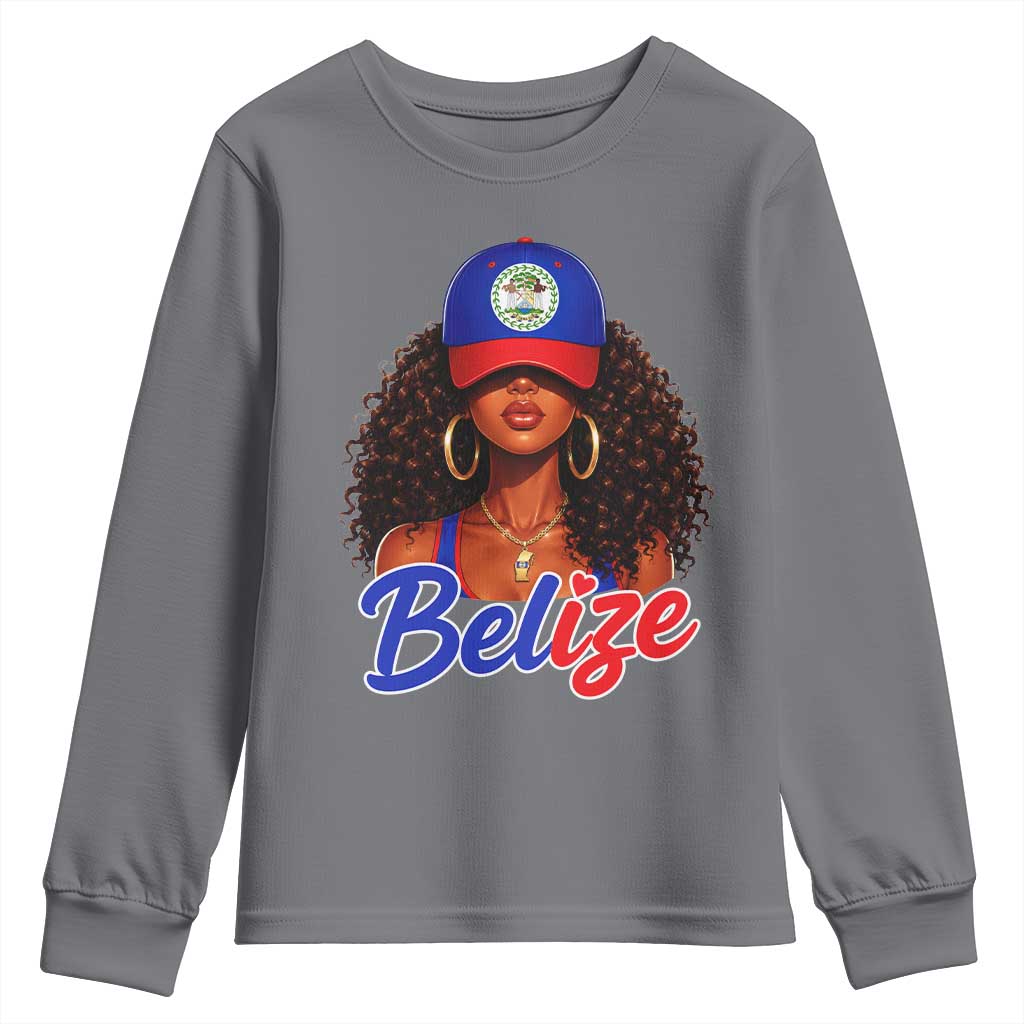 Belize Princess Youth Sweatshirt Melanin Afro Girl Belize Flag Heritage Gift for Black Girls TS10 Charcoal Print Your Wear