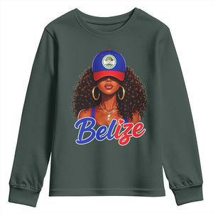 Belize Princess Youth Sweatshirt Melanin Afro Girl Belize Flag Heritage Gift for Black Girls TS10 Dark Forest Green Print Your Wear