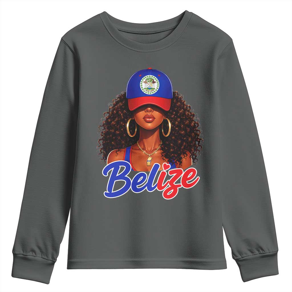 Belize Princess Youth Sweatshirt Melanin Afro Girl Belize Flag Heritage Gift for Black Girls TS10 Dark Heather Print Your Wear