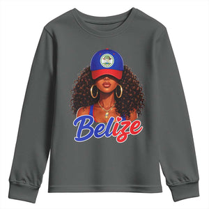 Belize Princess Youth Sweatshirt Melanin Afro Girl Belize Flag Heritage Gift for Black Girls TS10 Dark Heather Print Your Wear
