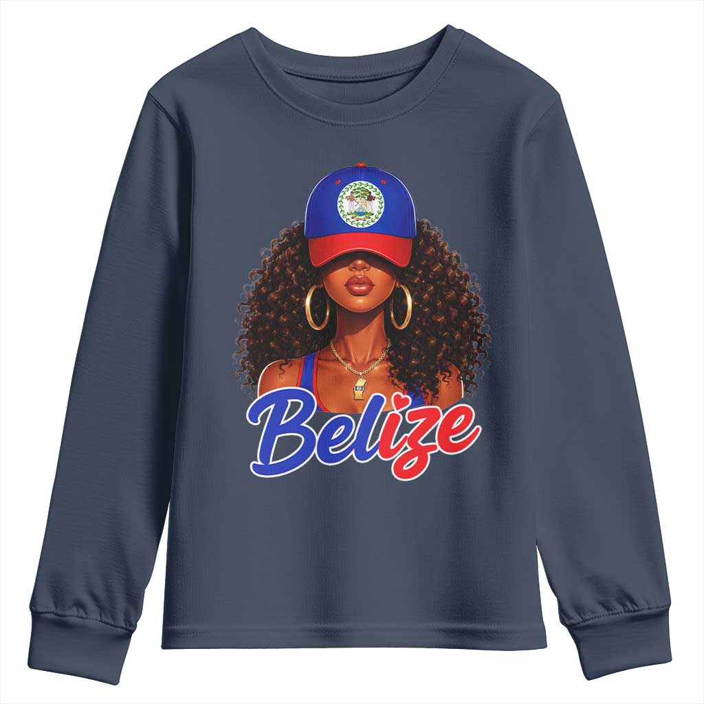 Belize Princess Youth Sweatshirt Melanin Afro Girl Belize Flag Heritage Gift for Black Girls TS10 Navy Print Your Wear