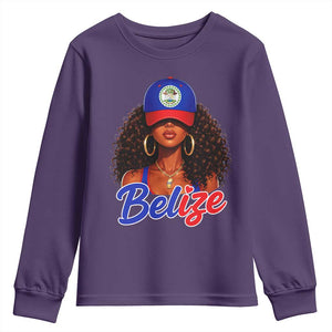 Belize Princess Youth Sweatshirt Melanin Afro Girl Belize Flag Heritage Gift for Black Girls TS10 Purple Print Your Wear