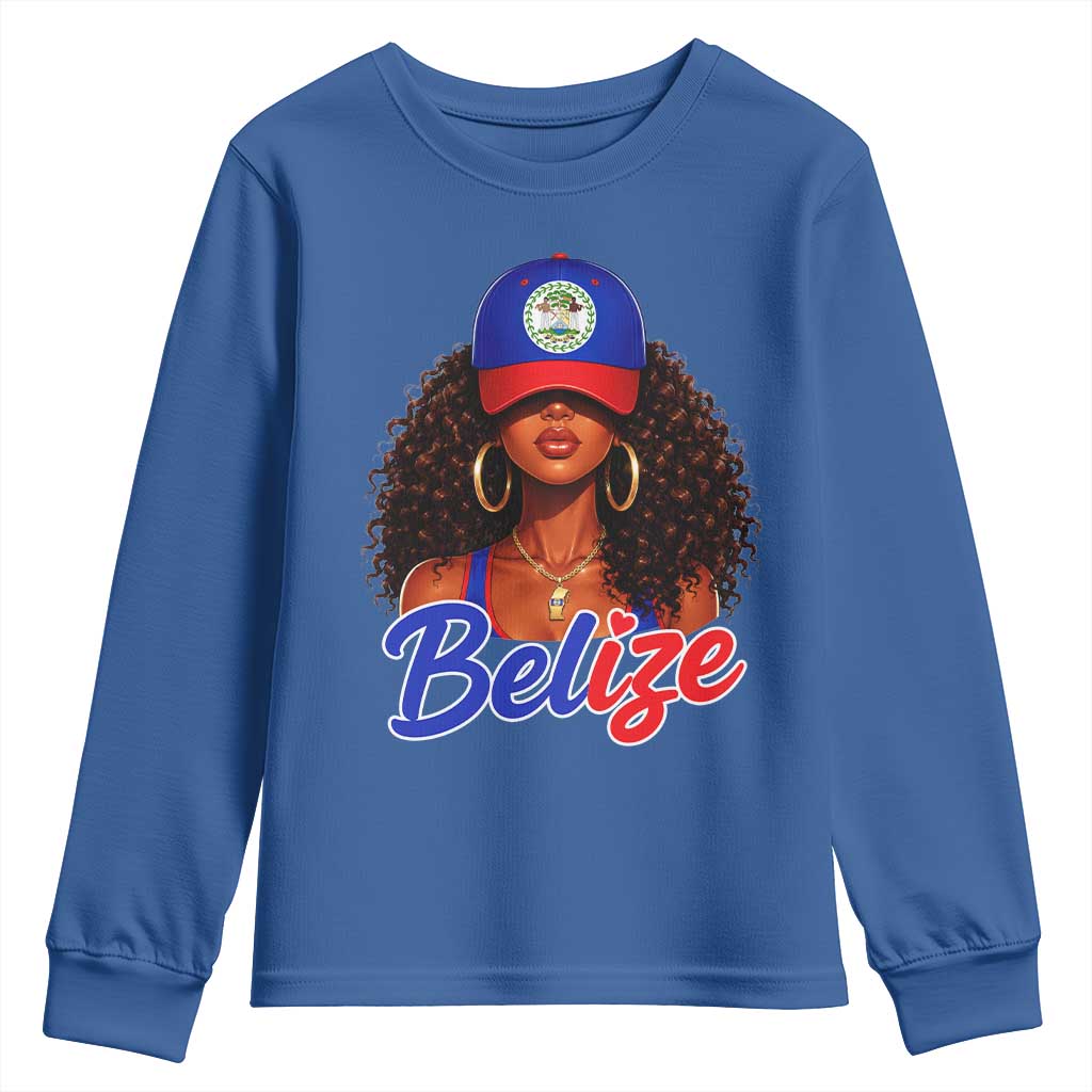 Belize Princess Youth Sweatshirt Melanin Afro Girl Belize Flag Heritage Gift for Black Girls TS10 Royal Blue Print Your Wear