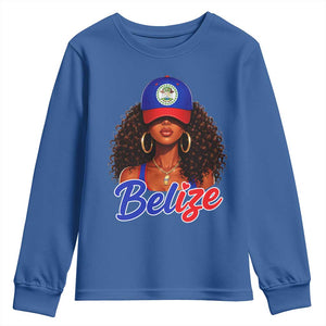Belize Princess Youth Sweatshirt Melanin Afro Girl Belize Flag Heritage Gift for Black Girls TS10 Royal Blue Print Your Wear