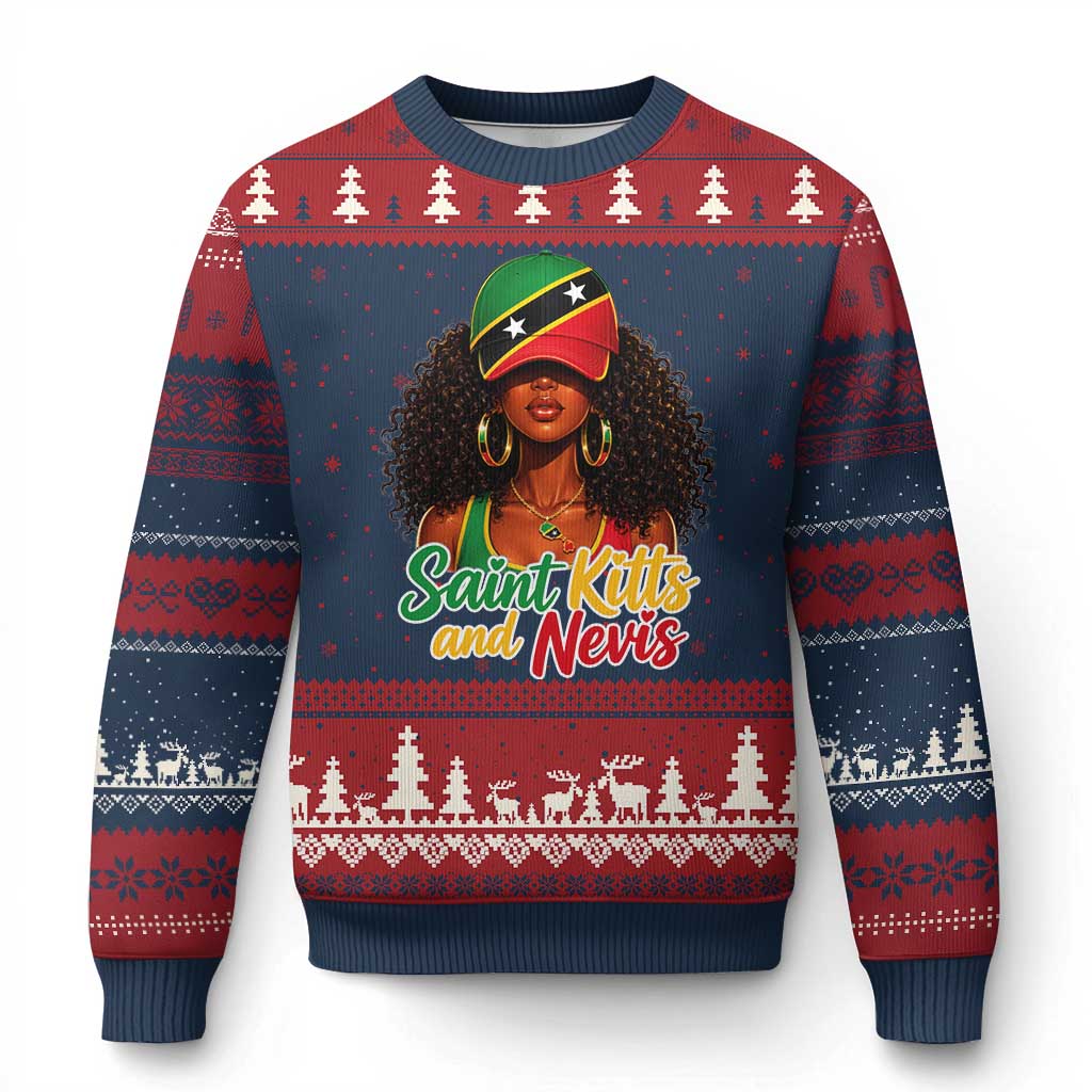 Saint Kitts and Nevis Princess Ugly Christmas Sweater Melanin Afro Girl Heritage Gift for Black Girls TS10 Navy Red Print Your Wear