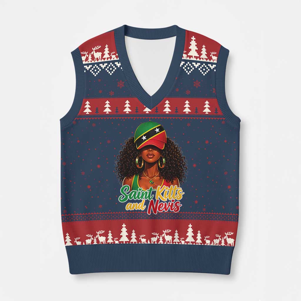 Saint Kitts and Nevis Princess V-Neck Knit Sweater Vest Melanin Afro Girl Heritage Gift for Black Girls TS10 Navy Red Print Your Wear