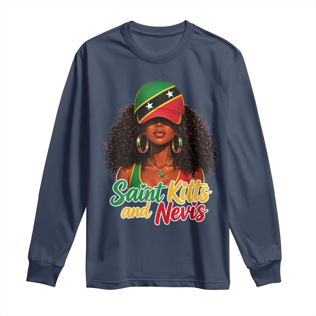 Saint Kitts and Nevis Princess Long Sleeve Shirt Melanin Afro Girl Heritage Gift for Black Girls TS10 Navy Print Your Wear