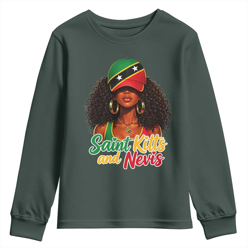 Saint Kitts and Nevis Princess Youth Sweatshirt Melanin Afro Girl Heritage Gift for Black Girls TS10 Dark Forest Green Print Your Wear