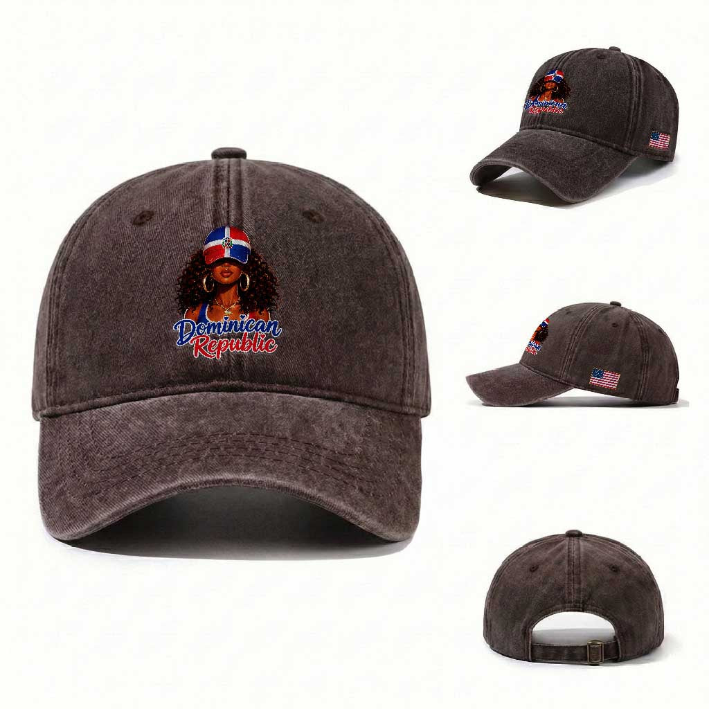 Dominican Republic Princess Washed Cotton Baseball Cap Melanin Afro Girl Heritage Gift for Black Girls TS10 Washed Cap Universal Fit Dark Brown Print Your Wear