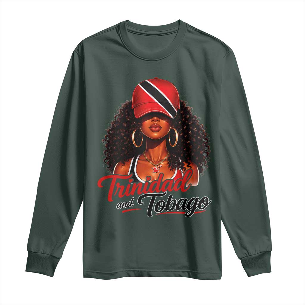 Trinidad and Tobago Afro Girl Long Sleeve Shirt Trini Black Queen Caribbean Pride Heritage Gift TS10 Dark Forest Green Print Your Wear