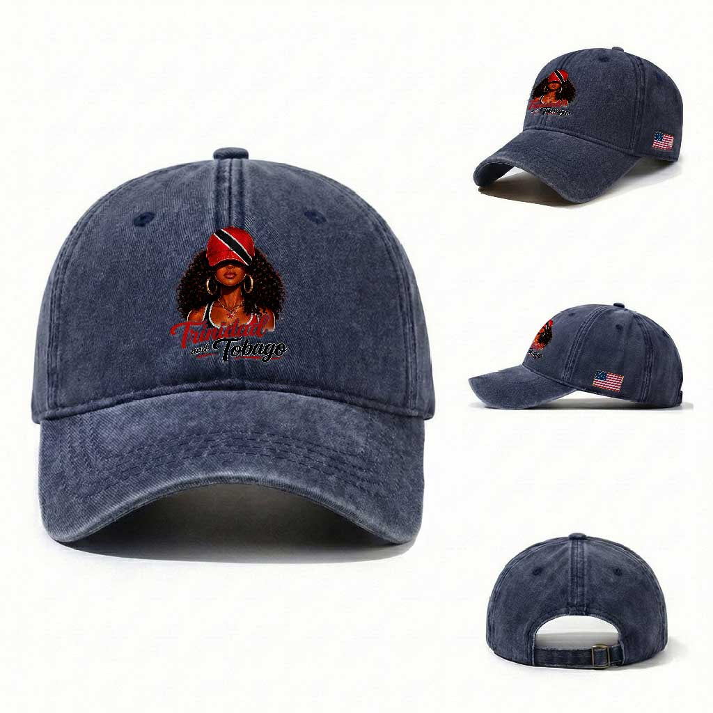 Trinidad and Tobago Afro Girl Washed Cotton Baseball Cap Trini Black Queen Caribbean Pride Heritage Gift TS10 Washed Cap Universal Fit Navy Print Your Wear