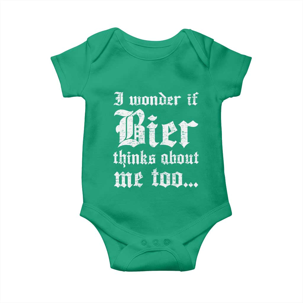 Funny Oktoberfest Baby Onesie I Wonder If Bier Thinks About Me Too Sarcastic Drinking TS10 Irish Green Print Your Wear
