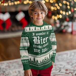 Funny Oktoberfest Ugly Christmas Sweater I Wonder If Bier Thinks About Me Too Sarcastic Drinking TS10 Forest Green Beige Print Your Wear