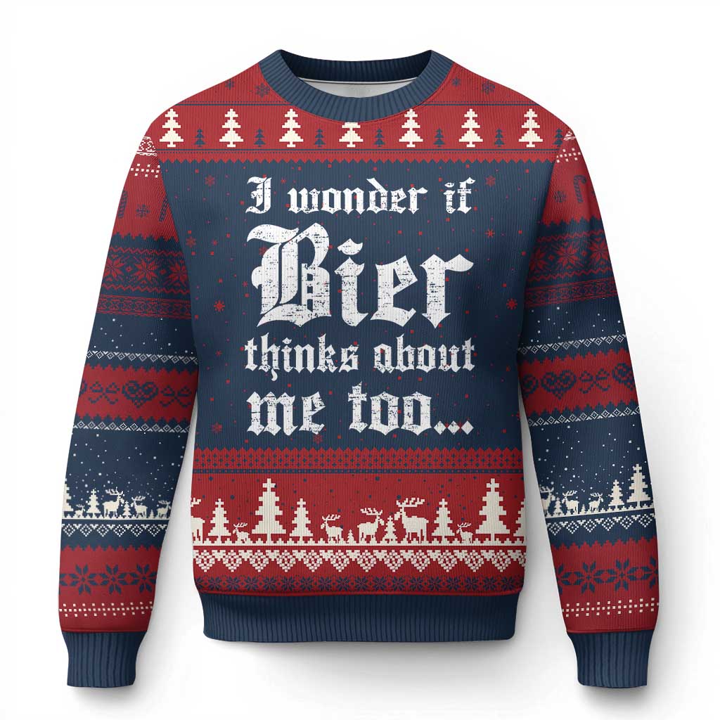 Funny Oktoberfest Ugly Christmas Sweater I Wonder If Bier Thinks About Me Too Sarcastic Drinking TS10 Navy Red Print Your Wear