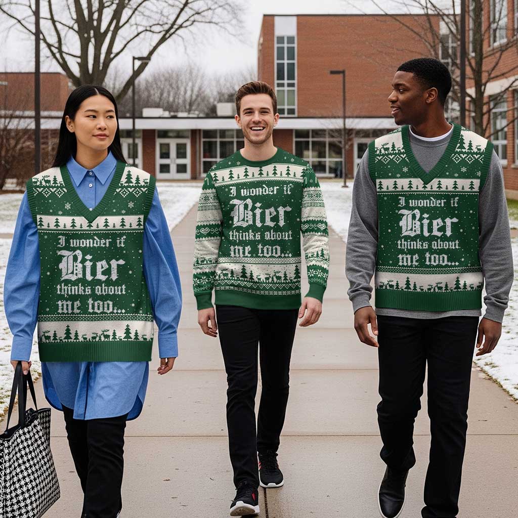 Funny Oktoberfest V-Neck Knit Sweater Vest I Wonder If Bier Thinks About Me Too Sarcastic Drinking TS10 Forest Green Beige Print Your Wear