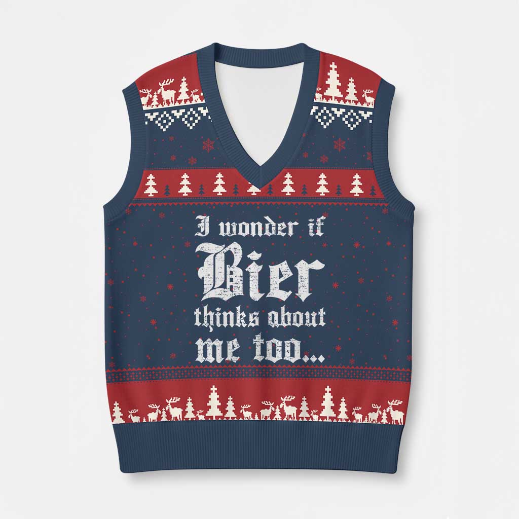 Funny Oktoberfest V-Neck Knit Sweater Vest I Wonder If Bier Thinks About Me Too Sarcastic Drinking TS10 Navy Red Print Your Wear
