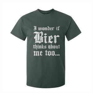 Funny Oktoberfest T Shirt For Kid I Wonder If Bier Thinks About Me Too Sarcastic Drinking TS10 Dark Forest Green Print Your Wear