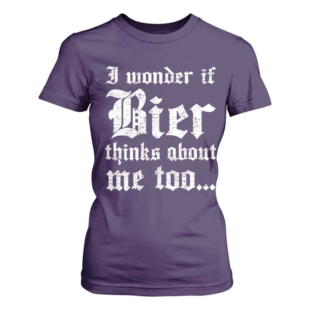 Funny Oktoberfest T Shirt For Women I Wonder If Bier Thinks About Me Too Sarcastic Drinking TS10 Purple Print Your Wear