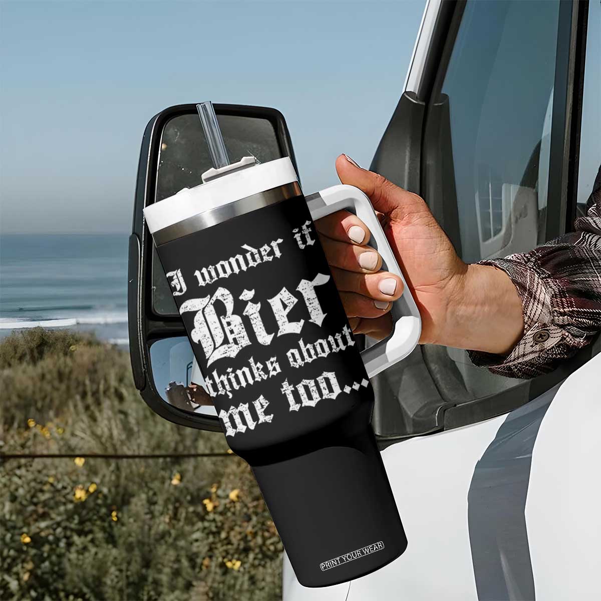 Funny Oktoberfest Tumbler With Handle I Wonder If Bier Thinks About Me Too Sarcastic Drinking TS10 Print Your Wear