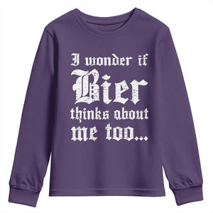 Funny Oktoberfest Youth Sweatshirt I Wonder If Bier Thinks About Me Too Sarcastic Drinking TS10 Purple Print Your Wear