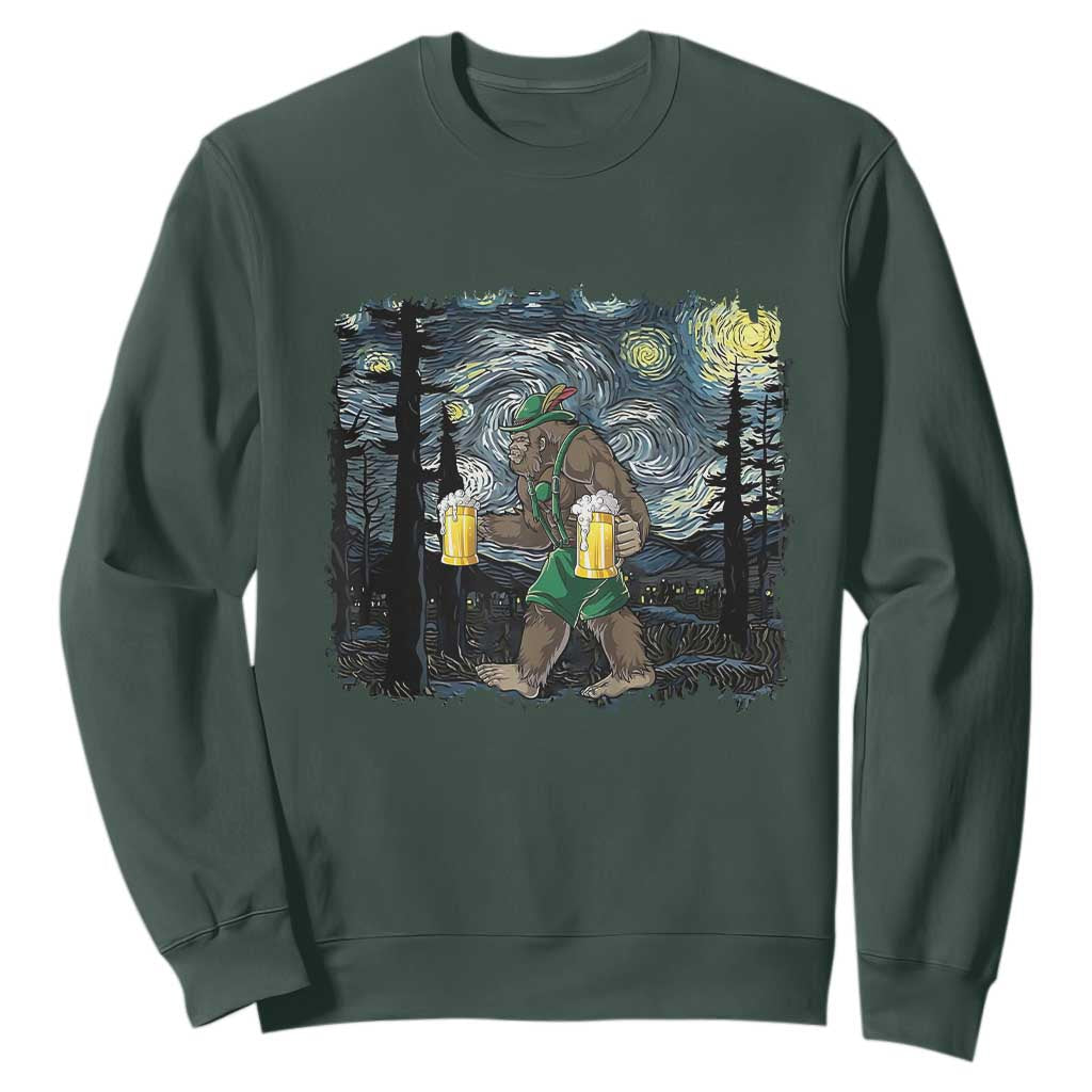 Funny Oktoberfest Bigfoot Sweatshirt Starry Night German Sasquatch Beer Lederhose TS10 Dark Forest Green Print Your Wear