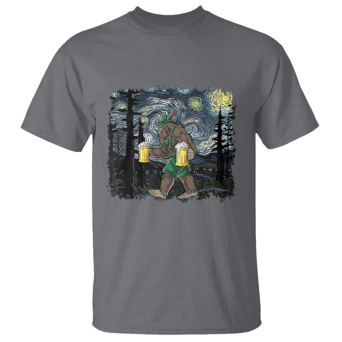 Funny Oktoberfest Bigfoot T Shirt Starry Night German Sasquatch Beer Lederhose TS10 Charcoal Print Your Wear