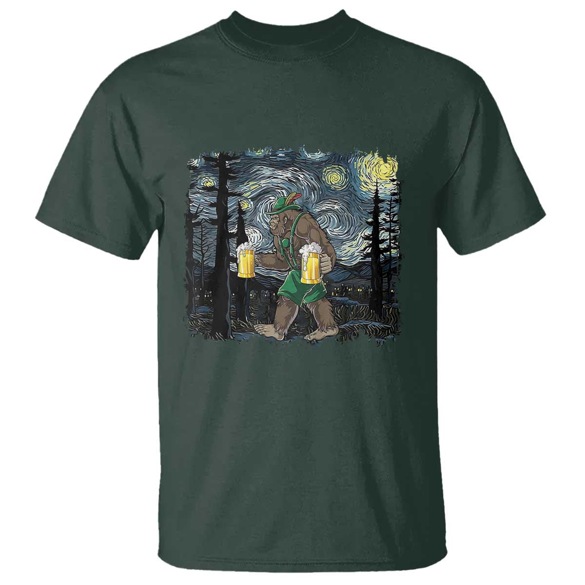 Funny Oktoberfest Bigfoot T Shirt Starry Night German Sasquatch Beer Lederhose TS10 Dark Forest Green Print Your Wear