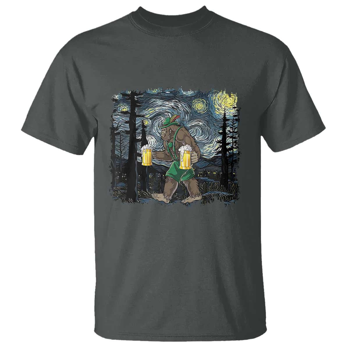 Funny Oktoberfest Bigfoot T Shirt Starry Night German Sasquatch Beer Lederhose TS10 Dark Heather Print Your Wear
