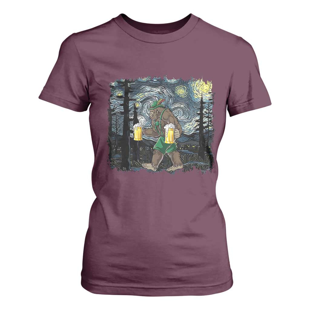 Funny Oktoberfest Bigfoot T Shirt For Women Starry Night German Sasquatch Beer Lederhose TS10 Maroon Print Your Wear