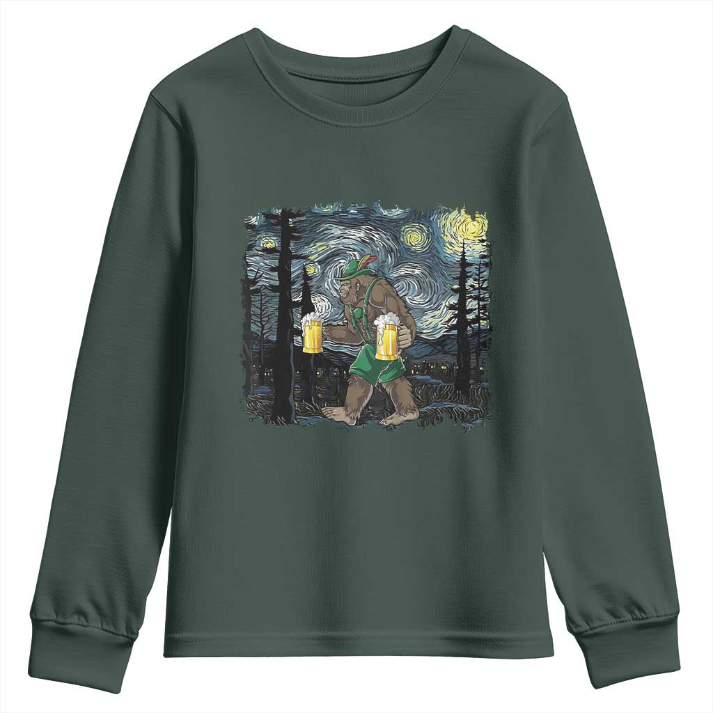 Funny Oktoberfest Bigfoot Youth Sweatshirt Starry Night German Sasquatch Beer Lederhose TS10 Dark Forest Green Print Your Wear
