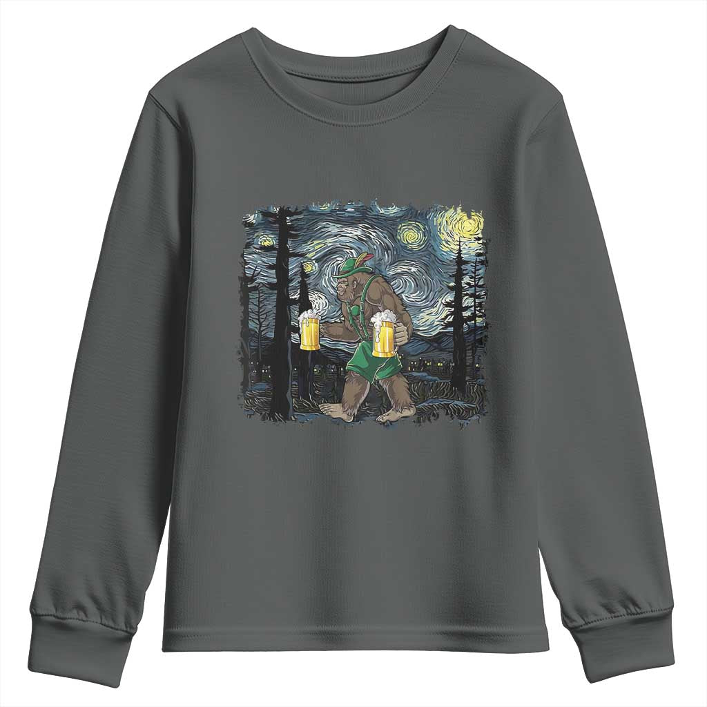 Funny Oktoberfest Bigfoot Youth Sweatshirt Starry Night German Sasquatch Beer Lederhose TS10 Dark Heather Print Your Wear