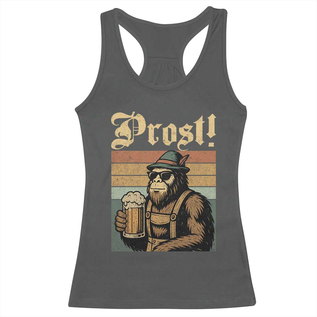 Oktoberfest Bigfoot Racerback Tank Top Vintage German Sasquatch Drinking Prost Lederhose TS10 Dark Heather Print Your Wear